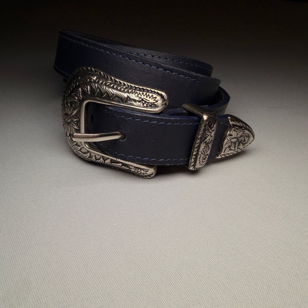 VTG Paulith Western Belt L Navy Bonded Leather Silver Engraved‎ Buckle Set USA
